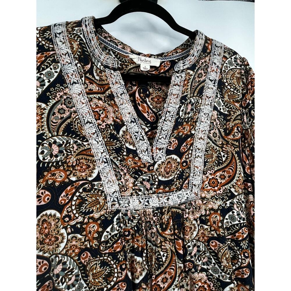 Nurture Babydoll Paisley Boho Blouse Embroidered Earth Tone Black Pink Women’s L - Picture 5 of 9